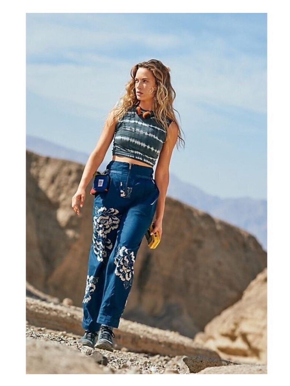 NWOT Free People Movement Pep Rally Indigo Blue Floral Pants Size L